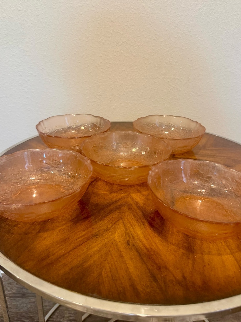 5 vintage Arcoroc Rosaline pink glass cereal bowls from France.